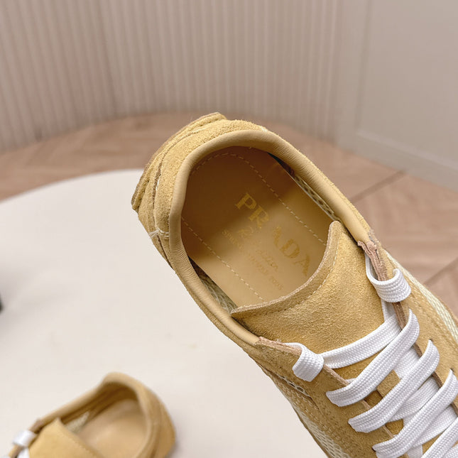 PRADA 26S CLASSIC SNEAKERS IN YELLOW SAND SUEDE AND MESH