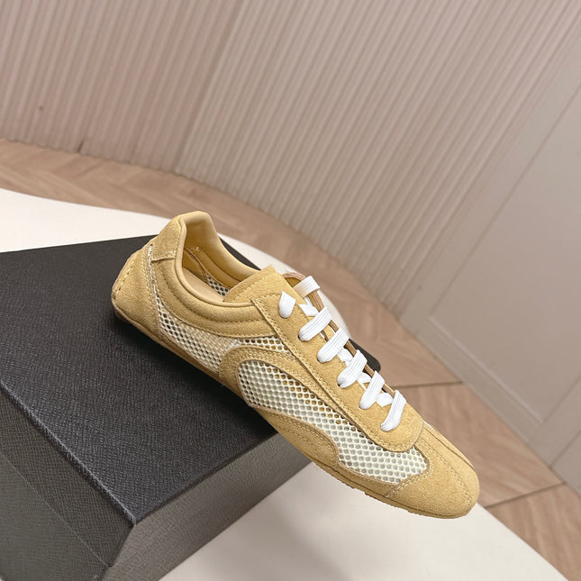 PRADA 26S CLASSIC SNEAKERS IN YELLOW SAND SUEDE AND MESH