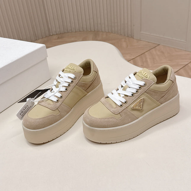PRADA 26S PLATFORM SNEAKERS 50MM IN BEIGE SUEDE