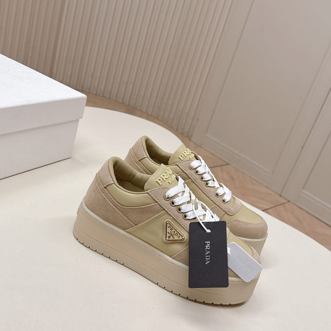 PRADA 26S PLATFORM SNEAKERS 50MM IN BEIGE SUEDE