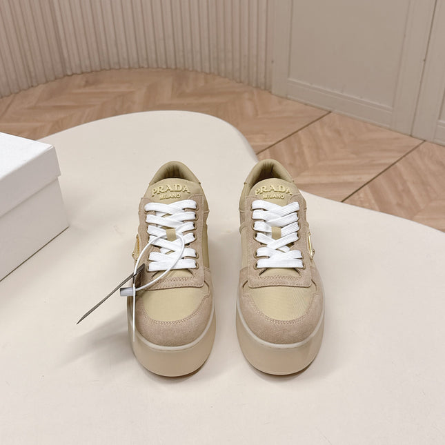PRADA 26S PLATFORM SNEAKERS 50MM IN BEIGE SUEDE