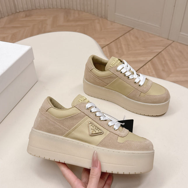 PRADA 26S PLATFORM SNEAKERS 50MM IN BEIGE SUEDE
