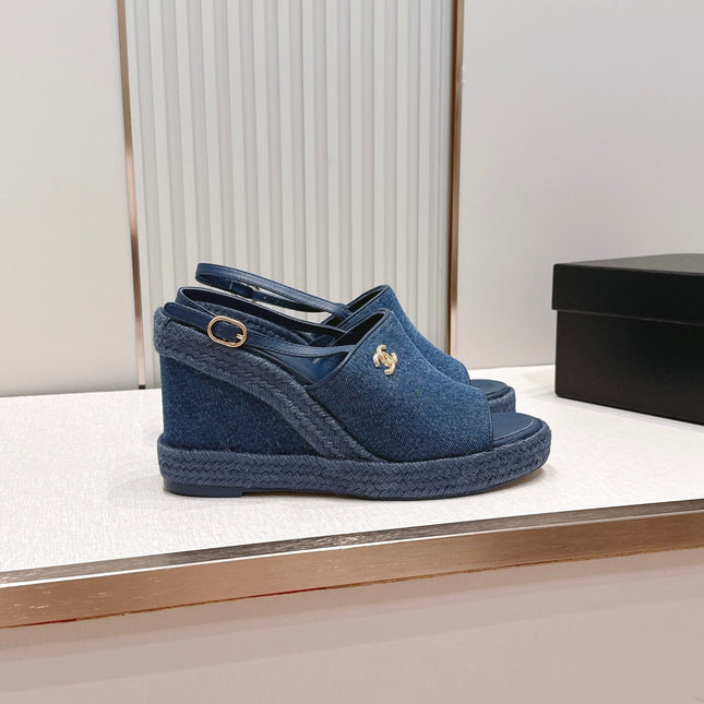 CHANEL 26S WEDGE SANDALS IN BLUE DENIM 29526