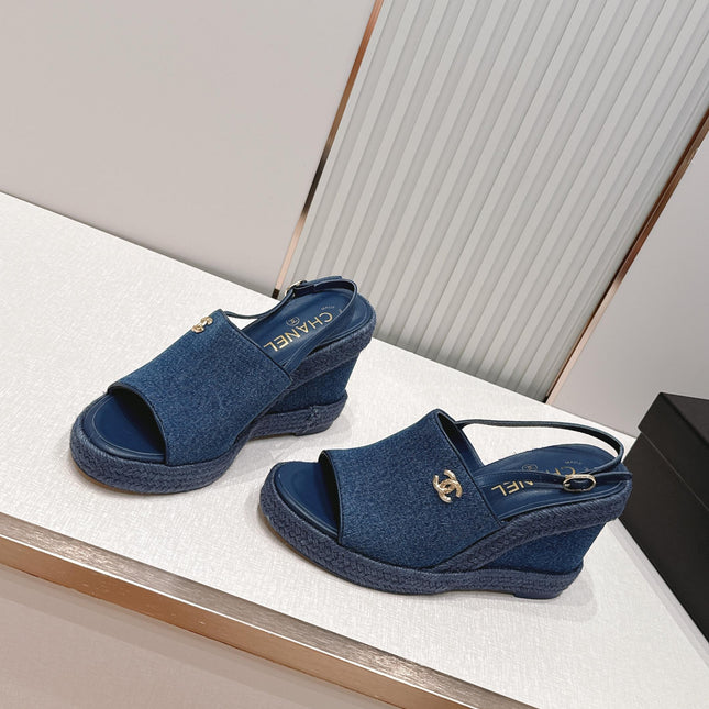 CHANEL 26S WEDGE SANDALS IN BLUE DENIM 29526