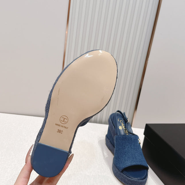 CHANEL 26S WEDGE SANDALS IN BLUE DENIM 29526