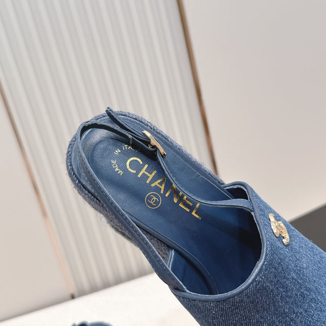 CHANEL 26S WEDGE SANDALS IN BLUE DENIM 29526