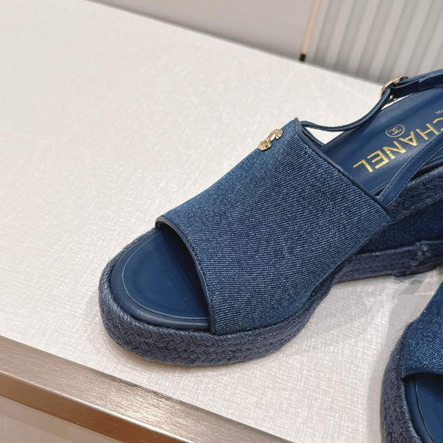 CHANEL 26S WEDGE SANDALS IN BLUE DENIM 29526