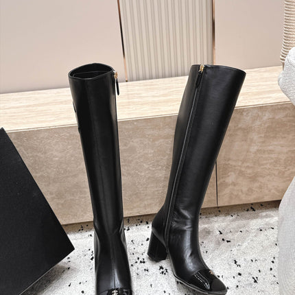 CHANEL 26S KNEE HIGH BOOTS 70 MM IN BLACK CALFSKN AND PATENT