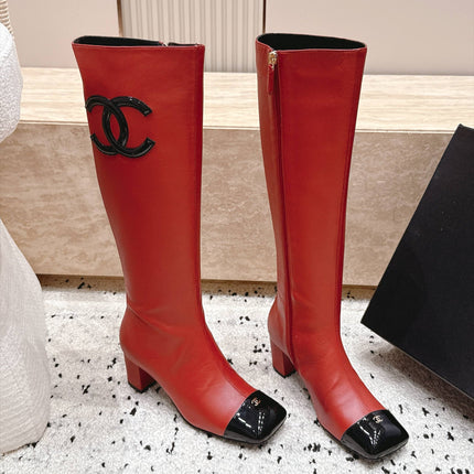 CHANEL 26S KNEE HIGH BOOTS 70 MM IN RED CALFSKIN AND BLACK PATENT