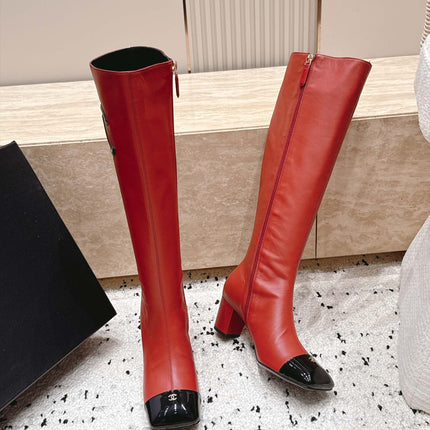 CHANEL 26S KNEE HIGH BOOTS 70 MM IN RED CALFSKIN AND BLACK PATENT