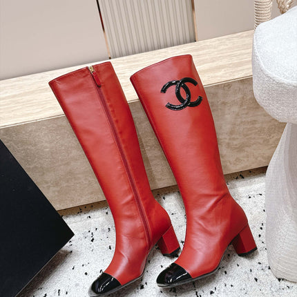 CHANEL 26S KNEE HIGH BOOTS 70 MM IN RED CALFSKIN AND BLACK PATENT
