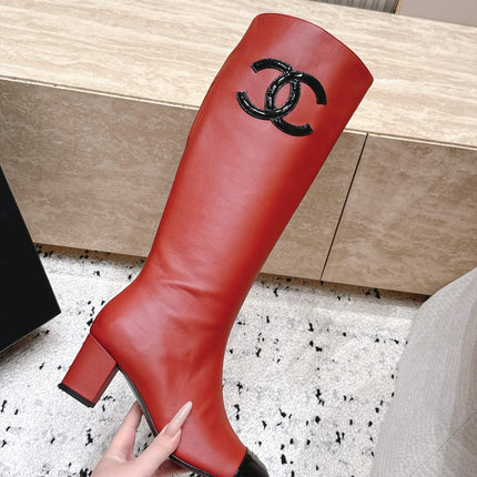 CHANEL 26S KNEE HIGH BOOTS 70 MM IN RED CALFSKIN AND BLACK PATENT