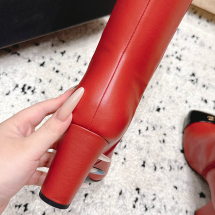 CHANEL 26S KNEE HIGH BOOTS 90 MM IN RED CALFSKN AND BLACK PATENT