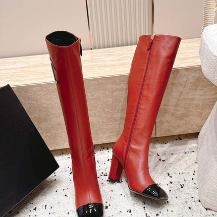 CHANEL 26S KNEE HIGH BOOTS 90 MM IN RED CALFSKN AND BLACK PATENT