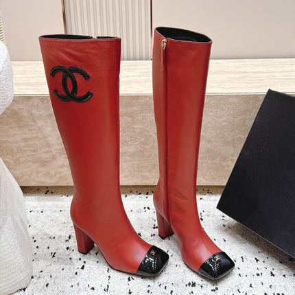 CHANEL 26S KNEE HIGH BOOTS 90 MM IN RED CALFSKN AND BLACK PATENT