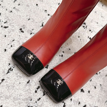 CHANEL 26S KNEE HIGH BOOTS 90 MM IN RED CALFSKN AND BLACK PATENT