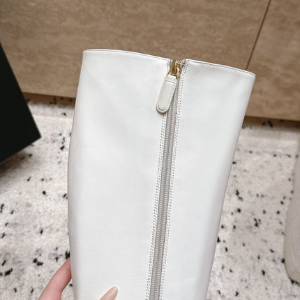 CHANEL 26S KNEE HIGH BOOTS 90 MM IN WHITE CALFSKIN AND BLACK PATENT