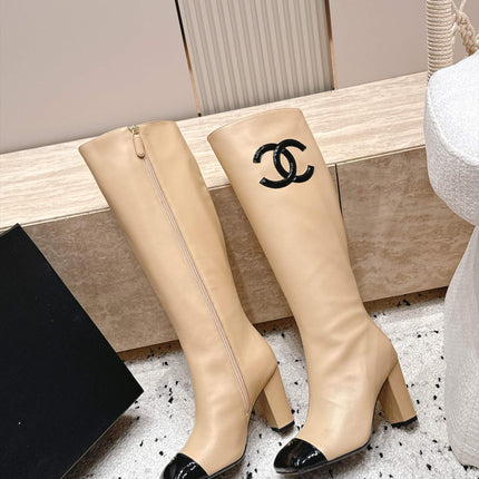 CHANEL 26S KNEE HIGH BOOTS 90 MM IN BEIGE CALFSKIN AND BLACK PATENT