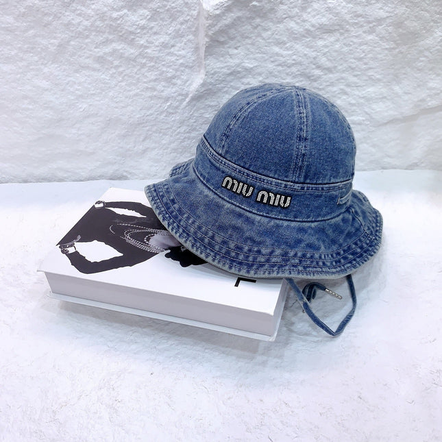 MIUMIU NEW DENIM BUCKET HAT RHINESTONE LOGO