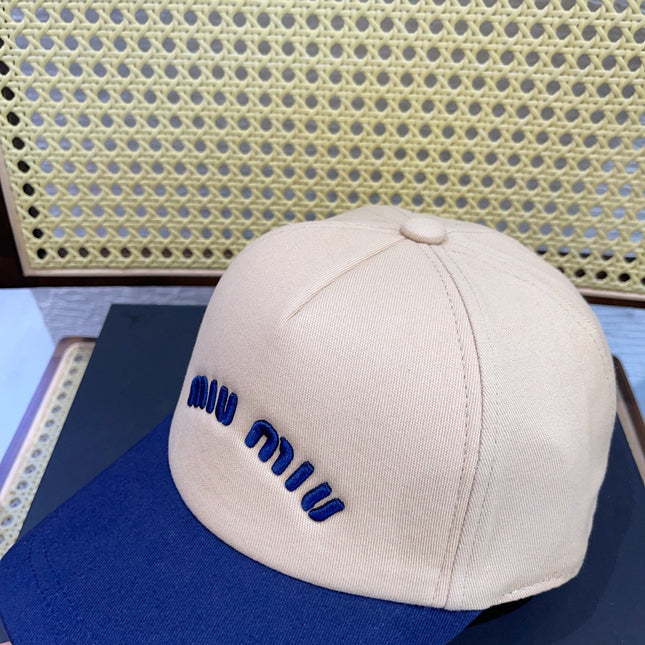 MIUMIU BASEBALL CAP IN LIGHT BEIGE AND NAVY BLUE FABRIC WITH LOGO EMBROIDERY
