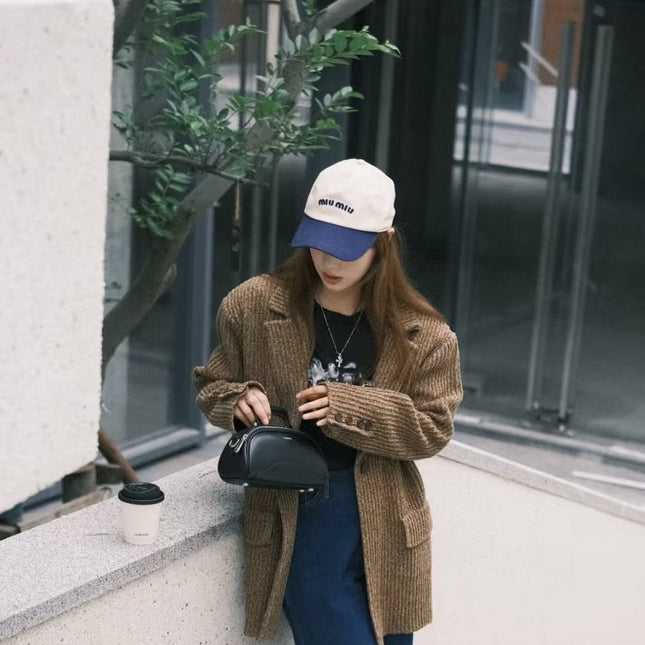MIUMIU BASEBALL CAP IN LIGHT BEIGE AND NAVY BLUE FABRIC WITH LOGO EMBROIDERY