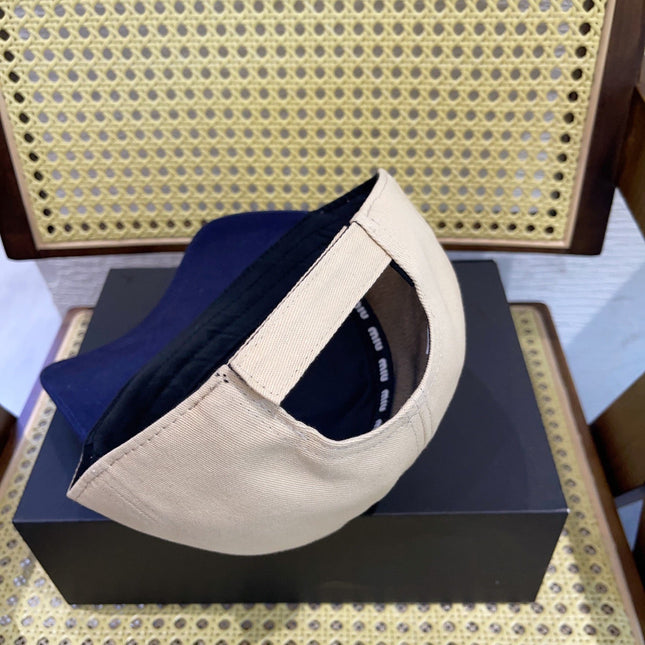 MIUMIU BASEBALL CAP IN LIGHT BEIGE AND NAVY BLUE FABRIC WITH LOGO EMBROIDERY