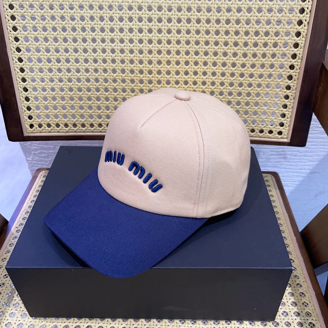 MIUMIU BASEBALL CAP IN LIGHT BEIGE AND NAVY BLUE FABRIC WITH LOGO EMBROIDERY