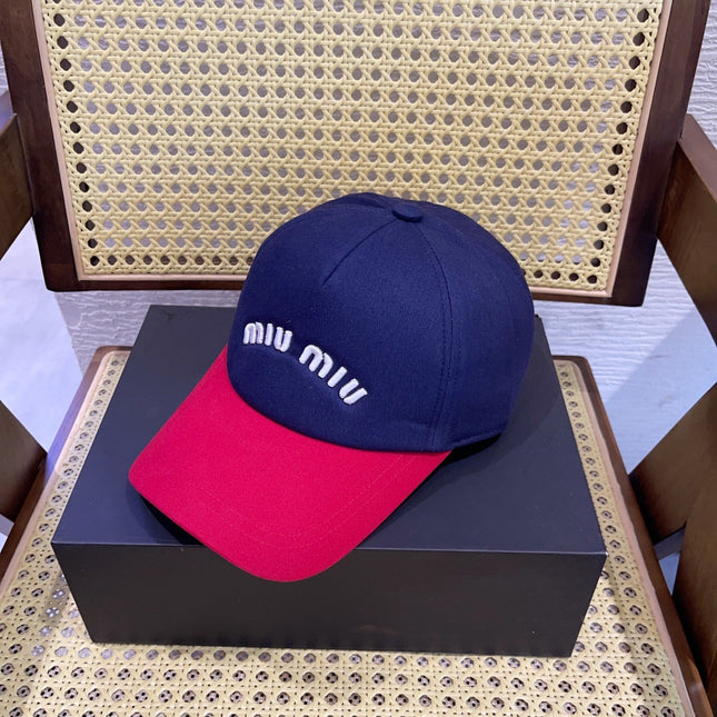 MIUMIU BASEBALL CAP IN NAVY BLUE AND RED FABRIC WITH LOGO EMBROIDERY