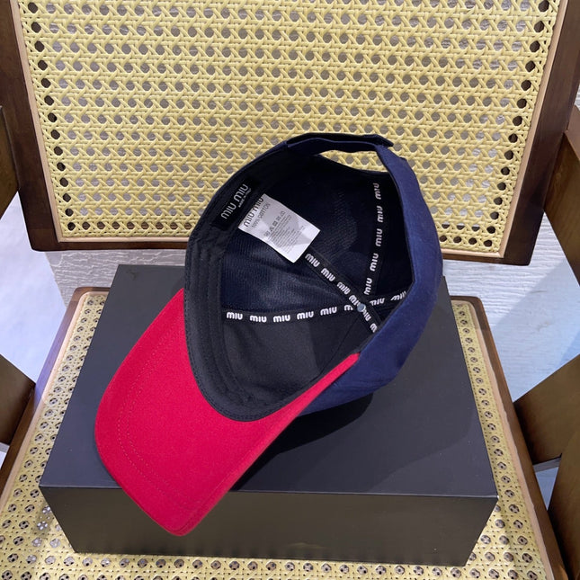 MIUMIU BASEBALL CAP IN NAVY BLUE AND RED FABRIC WITH LOGO EMBROIDERY