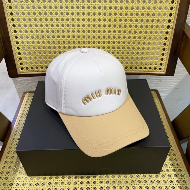 MIUMIU BASEBALL CAP IN WHITE MIX BEIGE FABRIC WITH LOGO EMBROIDERY