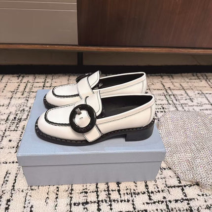 PRADA 26S BUCKLED LOAFERS IN WHITE CALFSKIN