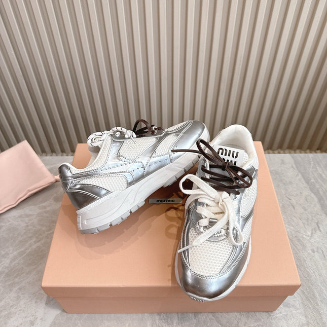 MM SNEAKERS IN WHITE AND SILVER MESH MIX CALFSKIN