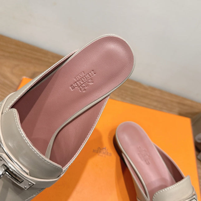 HM 26S KELLY MULE IN GREY BEIGE CALFSKIN SILVER HARDWARE