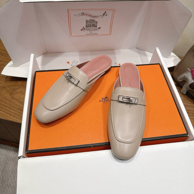 HM 26S KELLY MULE IN GREY BEIGE CALFSKIN SILVER HARDWARE