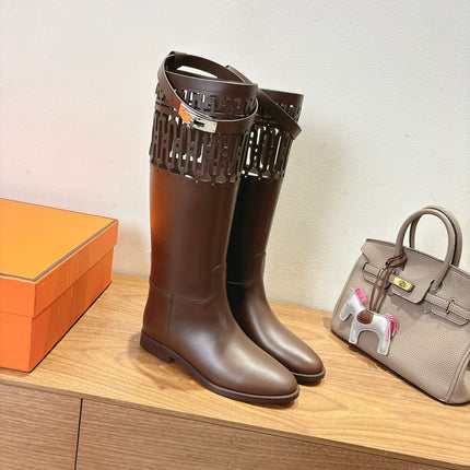 HM 26S PERFORATED HIGH-TOP BOOTS IN BROWN CALFSKIN