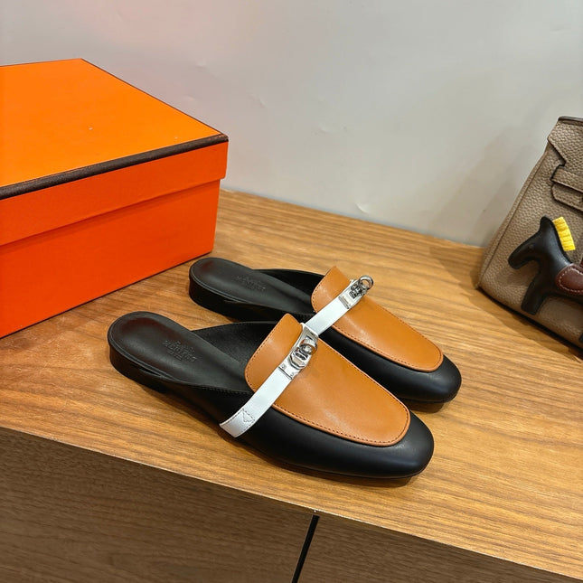 HM 26S KELLY MULE IN CARAMEL BROWN AND BLACK CALFSKIN SILVER HARDWARE