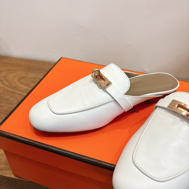 HM 26S KELLY MULE IN WHITE AND BROWN CALFSKIN GOLD HARDWARE