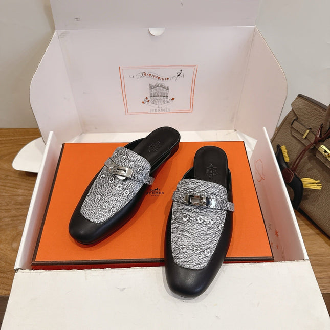HM 26S OZ MULE IN BLACK CALFSKIN AND GREY CANVAS SILVER HARDWARE 02
