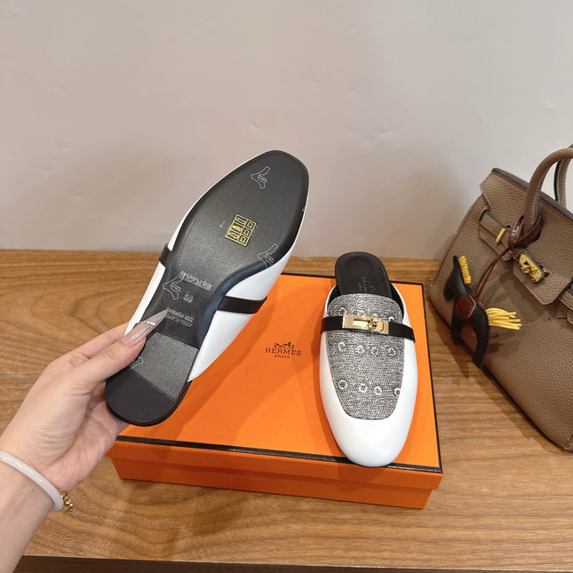 HM 26S OZ MULE IN WHITE CALFSKIN AND GREY CANVAS GOLD HARDWARE