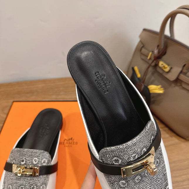 HM 26S OZ MULE IN WHITE CALFSKIN AND GREY CANVAS GOLD HARDWARE