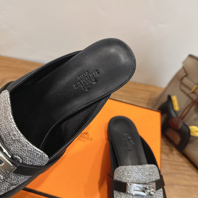 HM 26S OZ MULE IN BLACK CALFSKIN AND GREY CANVAS SILVER HARDWARE
