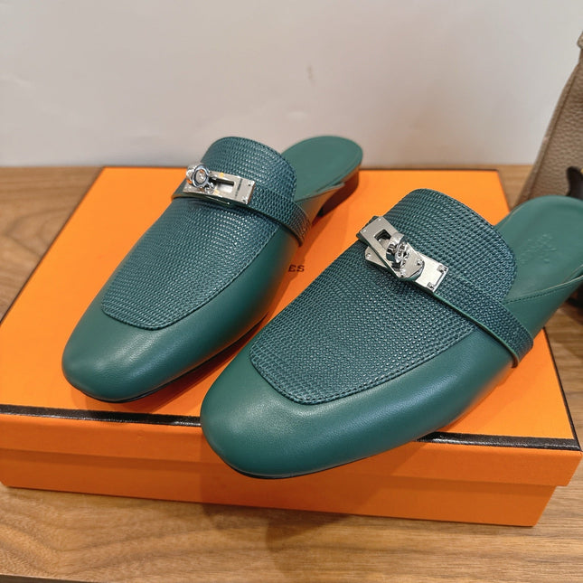 HM 26S OZ MULE IN EMERALD GREEN CALFSKIN SILVER HARDWARE