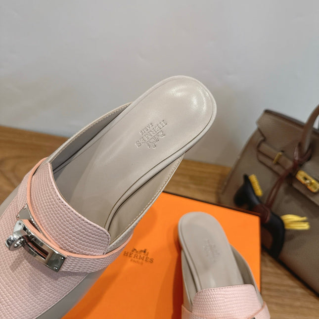 HM 26S OZ MULE IN BEIGE CALFSKIN & LIGHT PINK LIZARD SILVER HARDWARE