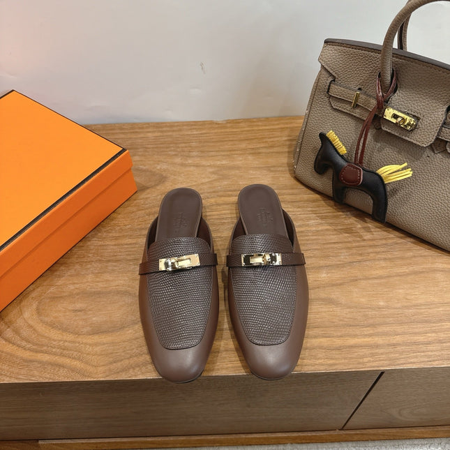 HM 26S OZ MULE IN BROWN CHOCOLATE CALFSKIN GOLD HARDWARE
