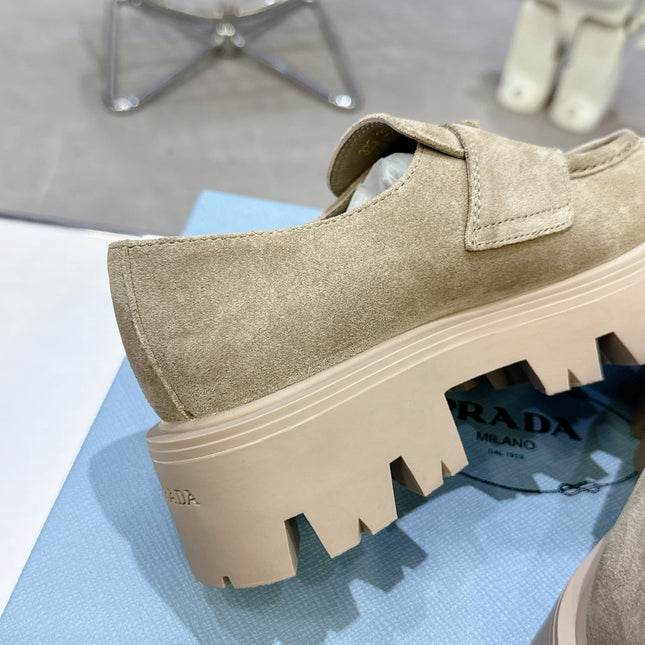 PRADA 25S THICK-SOLE LOAFERS 60 MM IN BEIGE SUEDE WITH GOLD HARDWARE