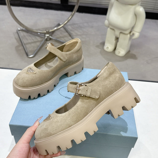 PRADA 25S PLATFORM MARY JANE SHOES IN BEIGE SUEDE STYLE 4