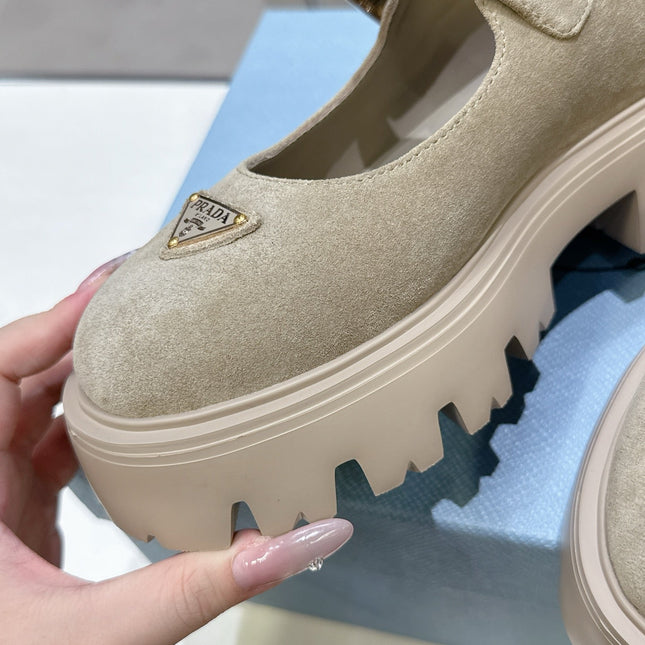 PRADA 25S PLATFORM MARY JANE SHOES IN BEIGE SUEDE STYLE 4