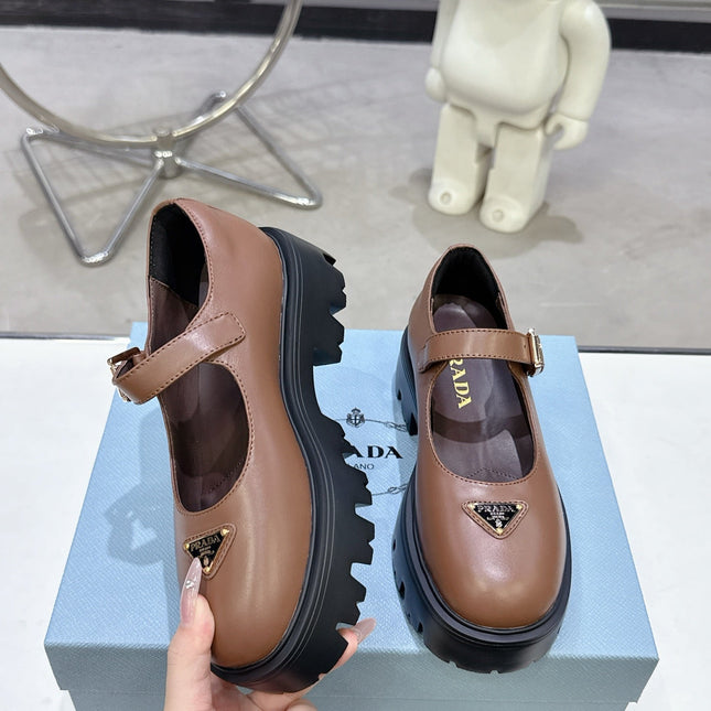 PRADA 25S PLATFORM MARY JANE SHOES IN BROWN CALFSKIN STYLE 1