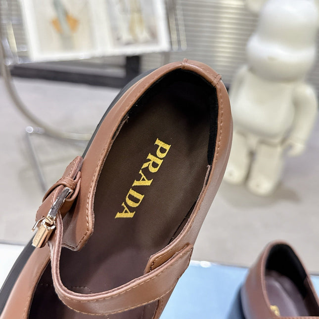 PRADA 25S PLATFORM MARY JANE SHOES IN BROWN CALFSKIN STYLE 1