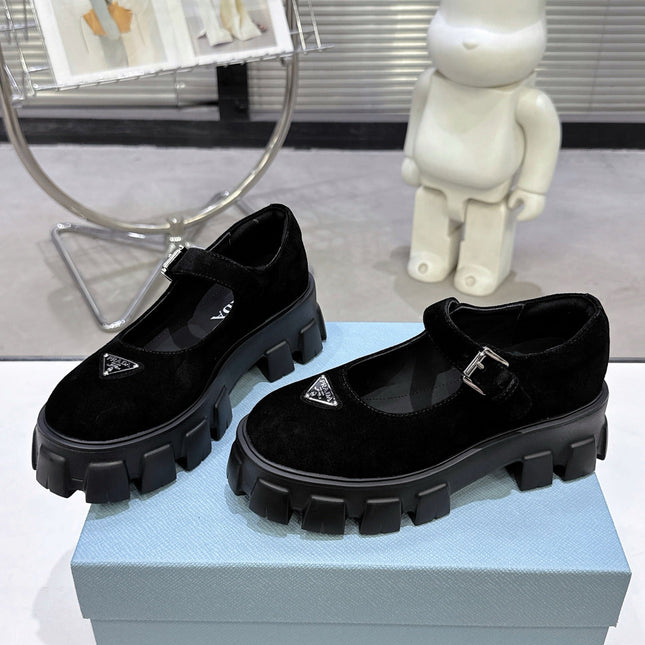 PRADA 25S PLATFORM MARY JANE SHOES IN BLACK SUEDE